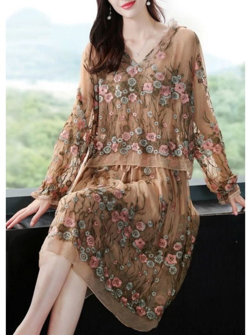 Unbranded Boho Beige 2pc Midi Dress Set Hooded Top Floral Embroidered M L 10 12